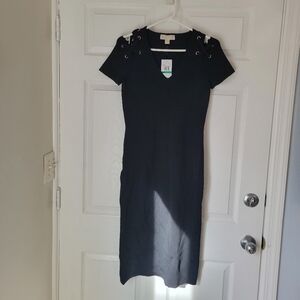 Michael Kors Black Midi Dress with Lace-Up Shoulders